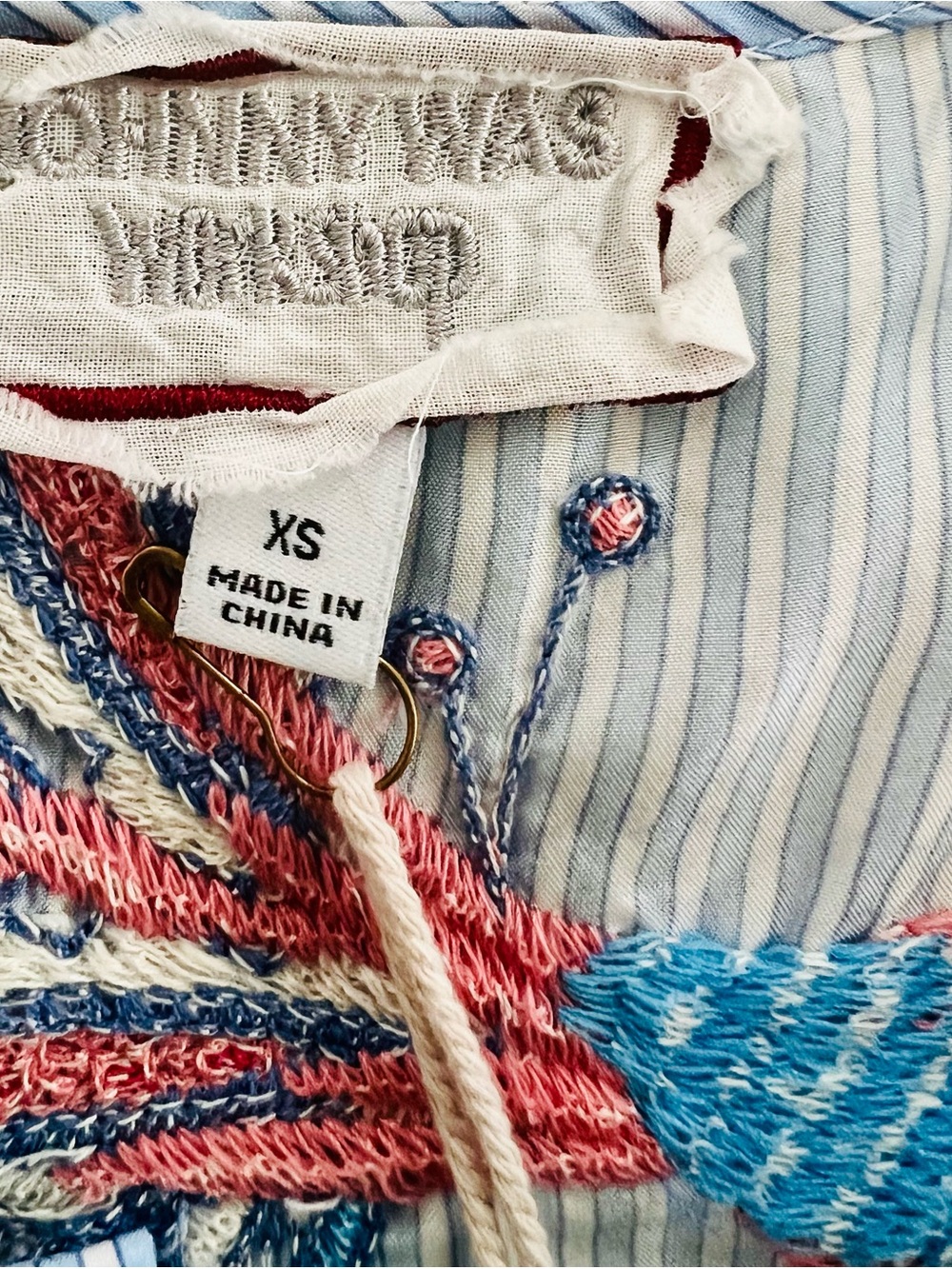 Johnny Was Neilly Silk Embroidered Blouse XS Blue Stripe Boho Ruffle Sleeve NWT